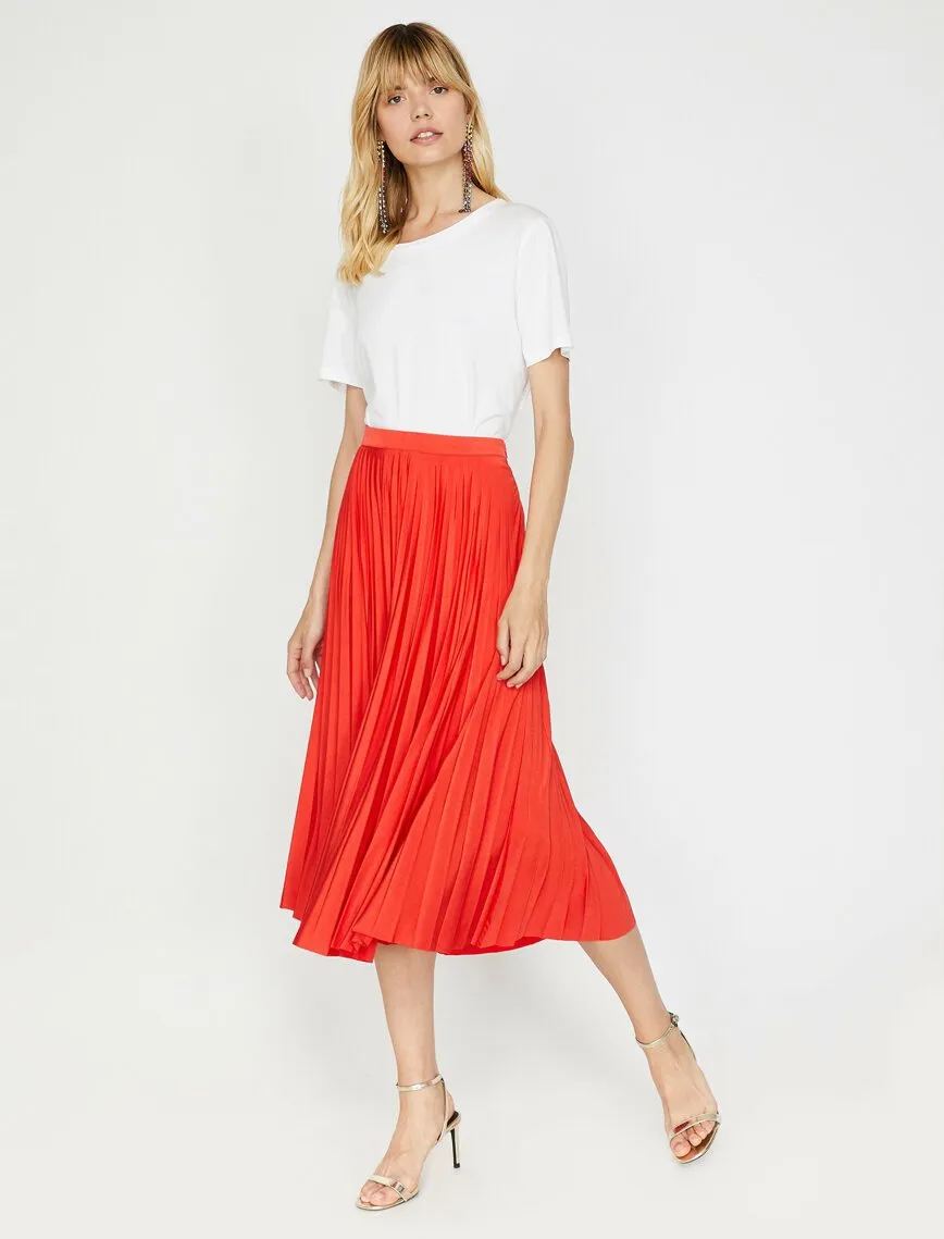 12112 Orange Pleated Midi Skirt