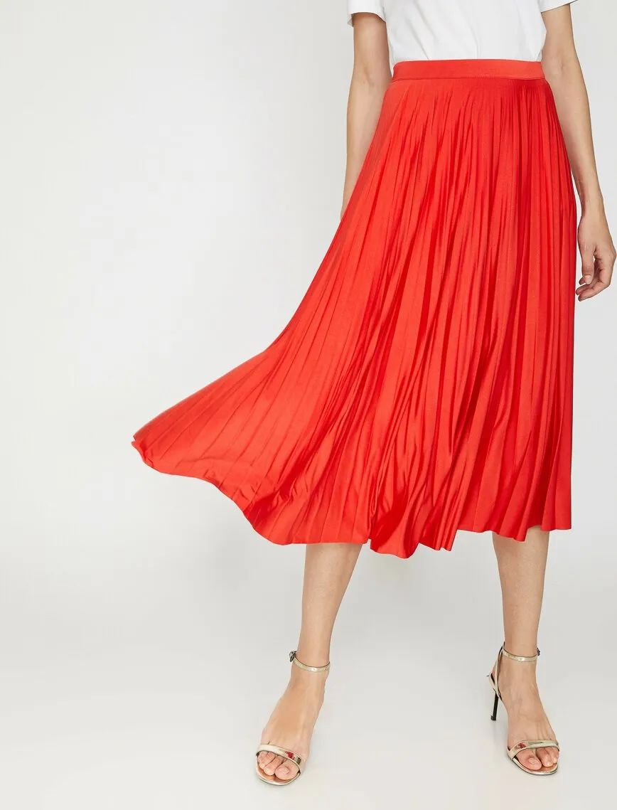 12112 Orange Pleated Midi Skirt