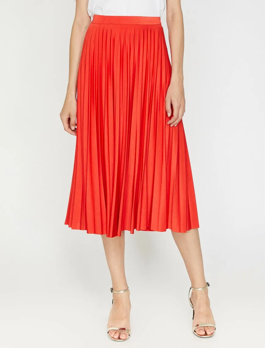 12112 Orange Pleated Midi Skirt