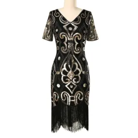 1920s Beaded Flapper Dress with Sleeves - Gold- Hire