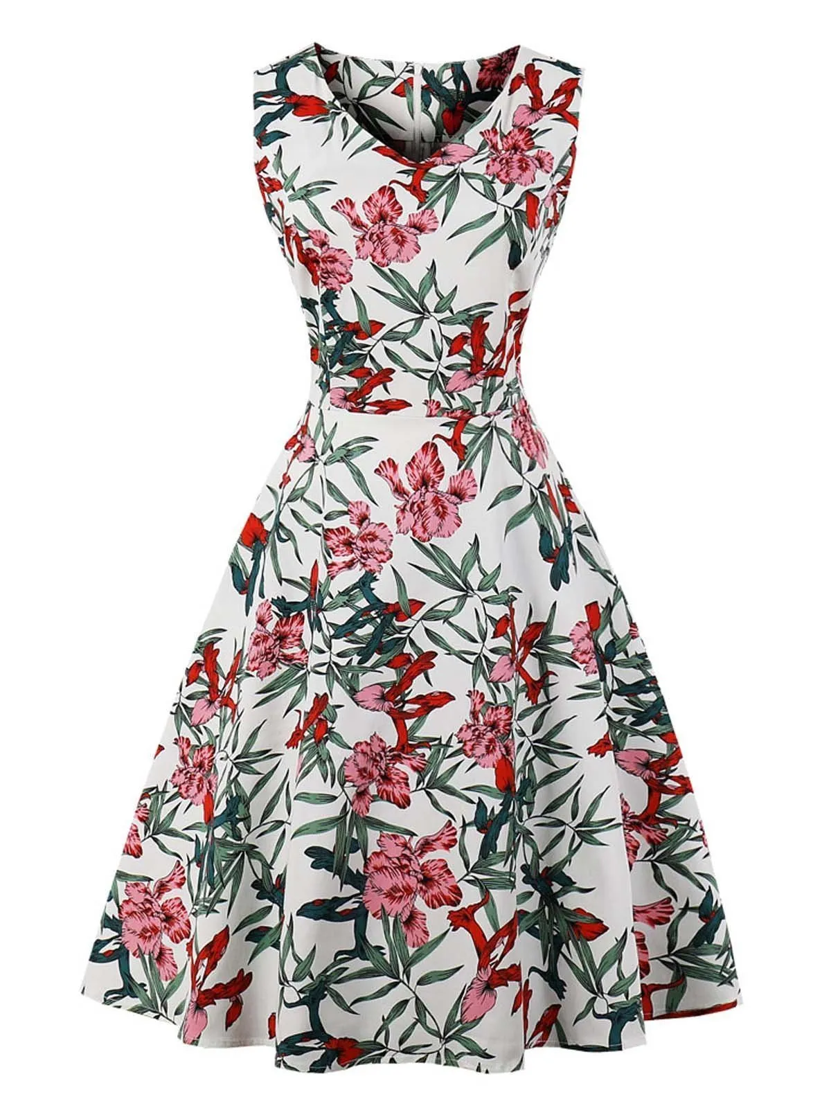 1950s Floral Print  Sleeveless Swing Dress