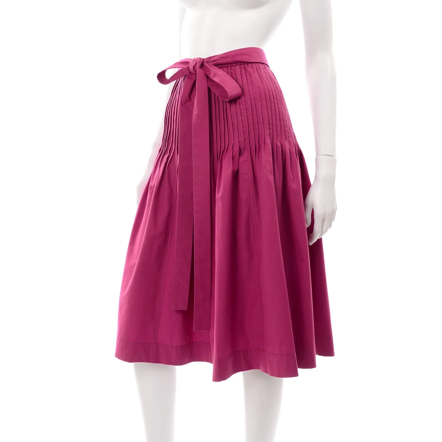 1970s Yves Saint Laurent Pink Cotton Skirt w/ Sash Belt & Flat Pleats