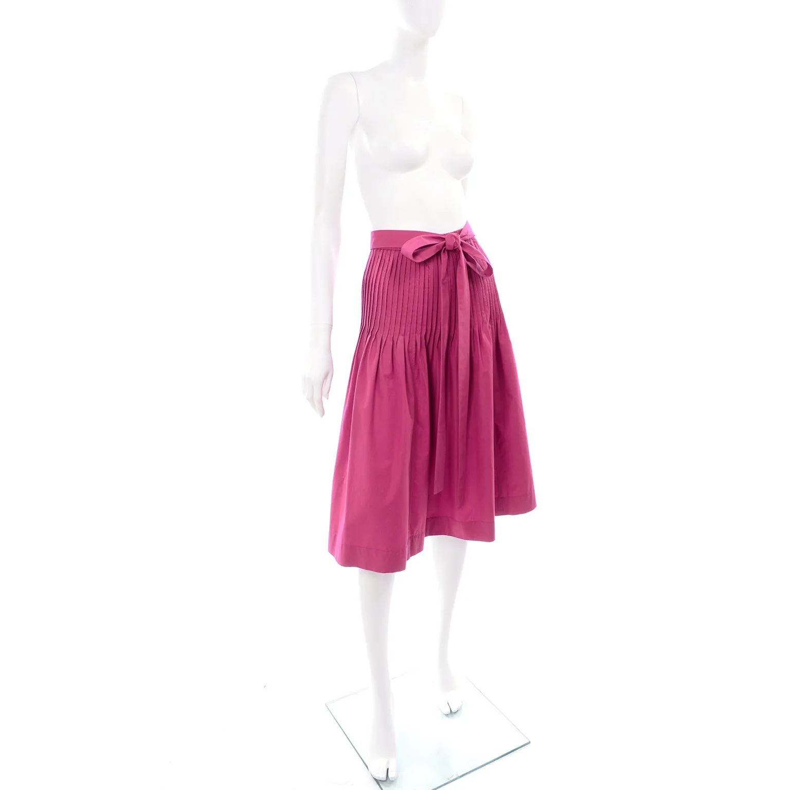 1970s Yves Saint Laurent Pink Cotton Skirt w/ Sash Belt & Flat Pleats