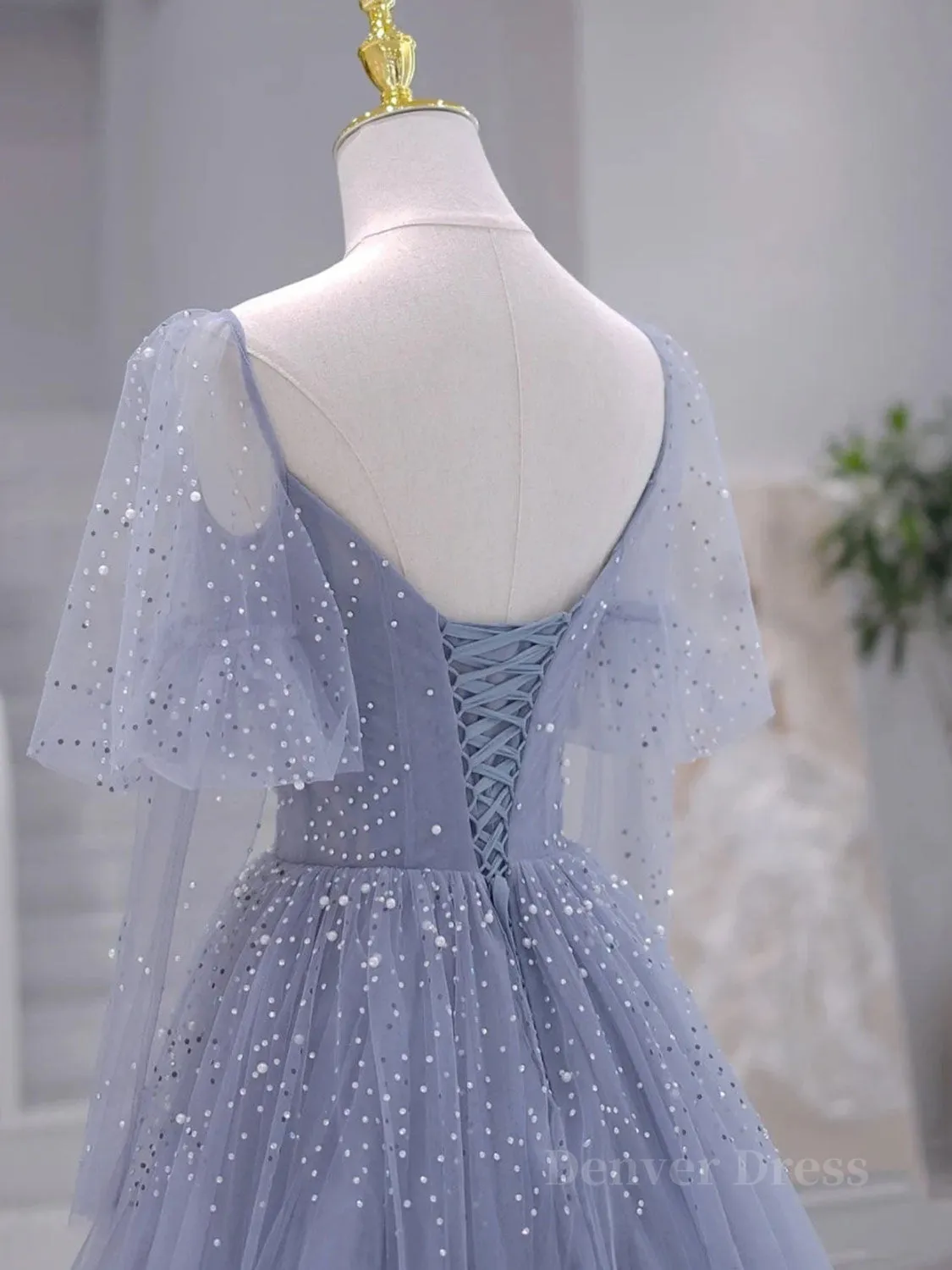 A-Line Long sleeves Beading Gray Blue Long Prom Dress Gray Blue Formal Dress