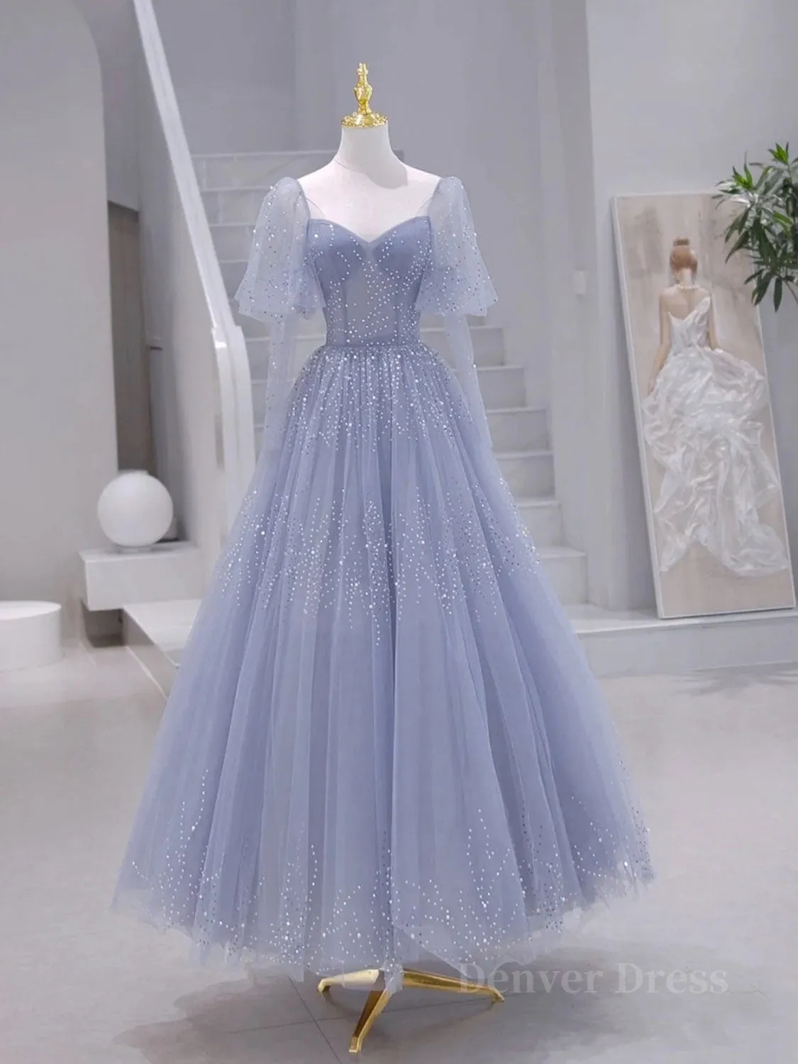 A-Line Long sleeves Beading Gray Blue Long Prom Dress Gray Blue Formal Dress