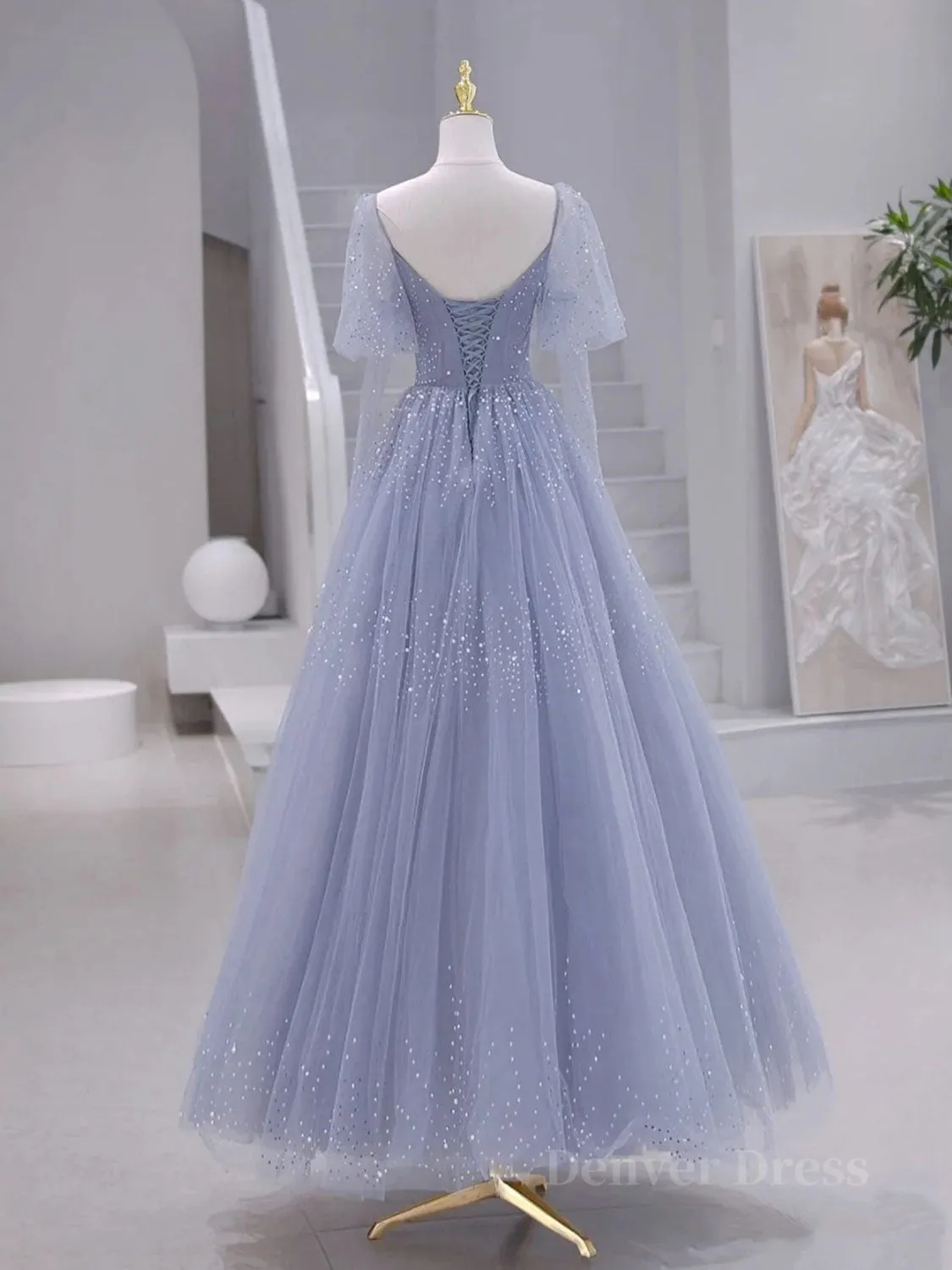 A-Line Long sleeves Beading Gray Blue Long Prom Dress Gray Blue Formal Dress