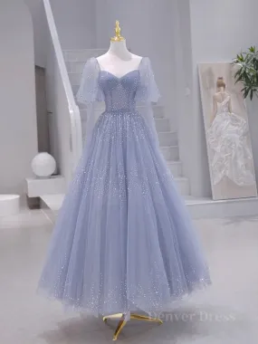 A-Line Long sleeves Beading Gray Blue Long Prom Dress Gray Blue Formal Dress