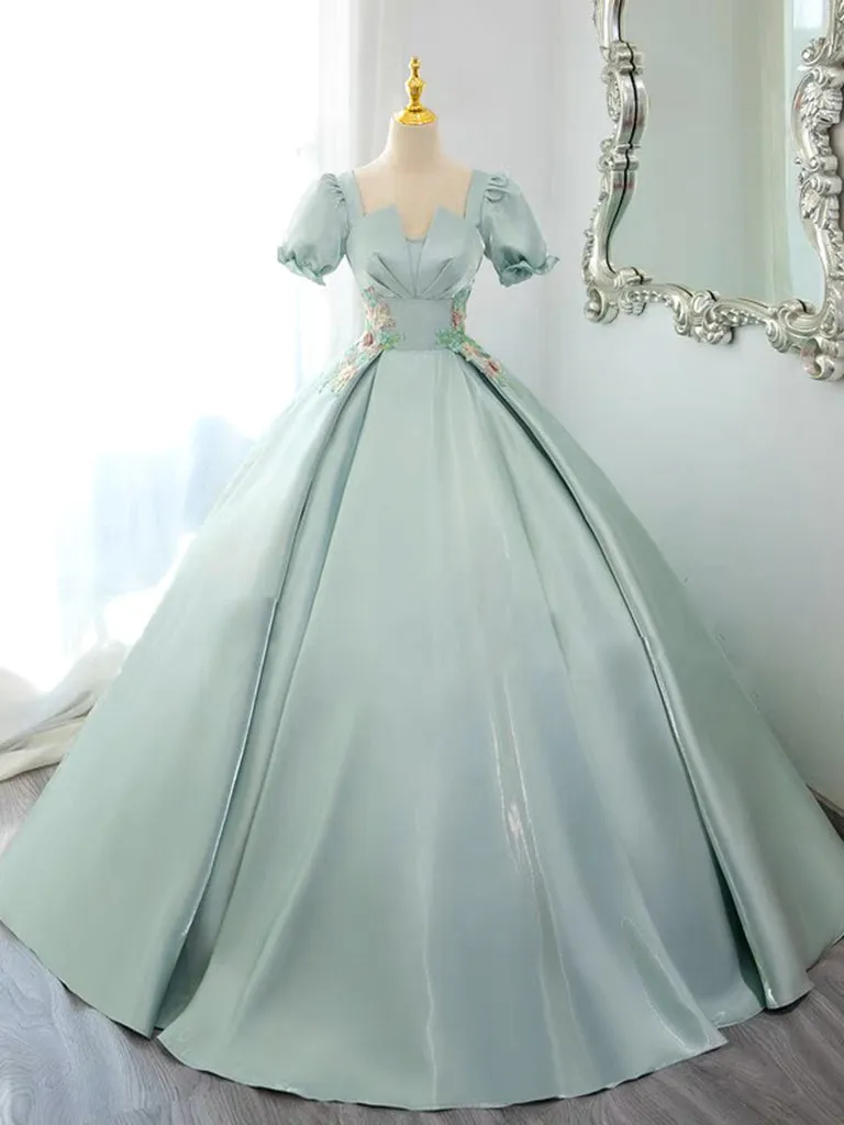 A-Line Satin Lace Applique Green Long Prom Dress, Green Long Formal Dress