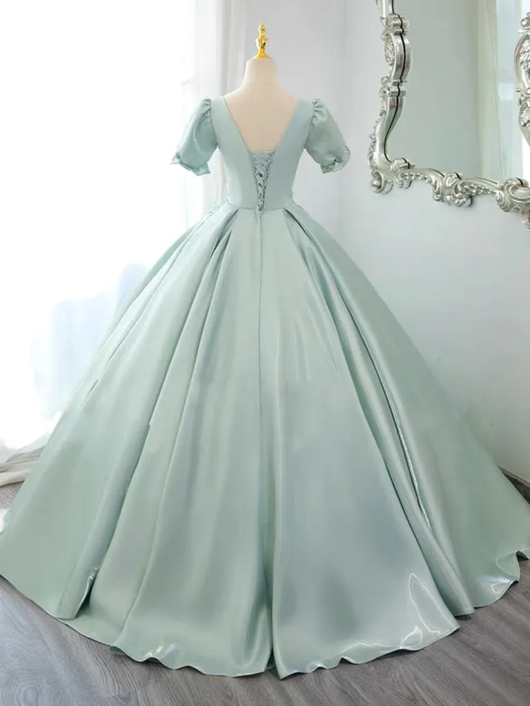 A-Line Satin Lace Applique Green Long Prom Dress, Green Long Formal Dress