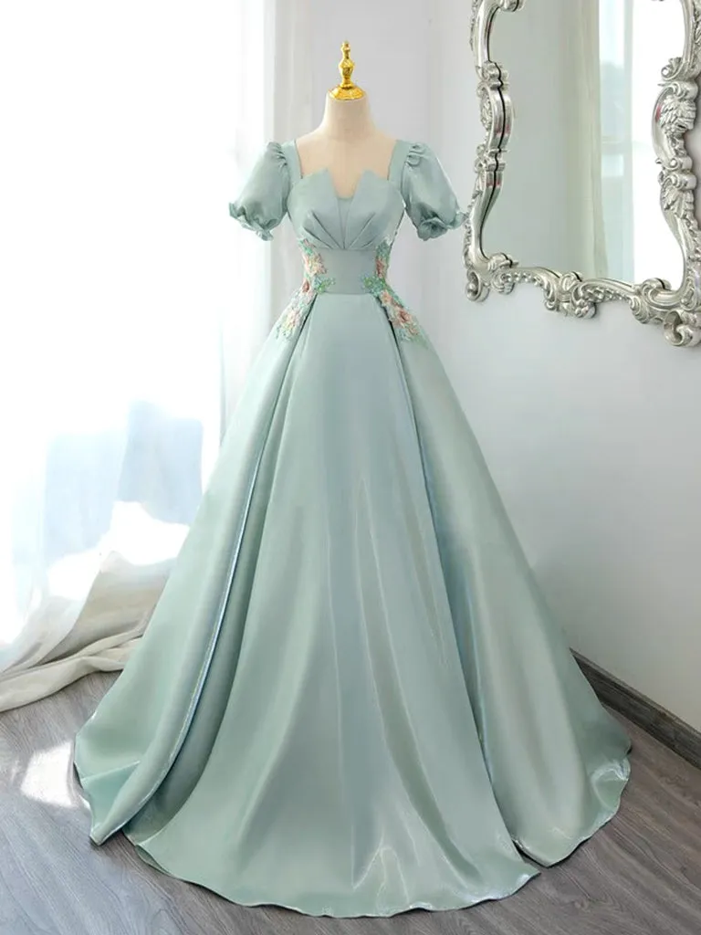 A-Line Satin Lace Applique Green Long Prom Dress, Green Long Formal Dress