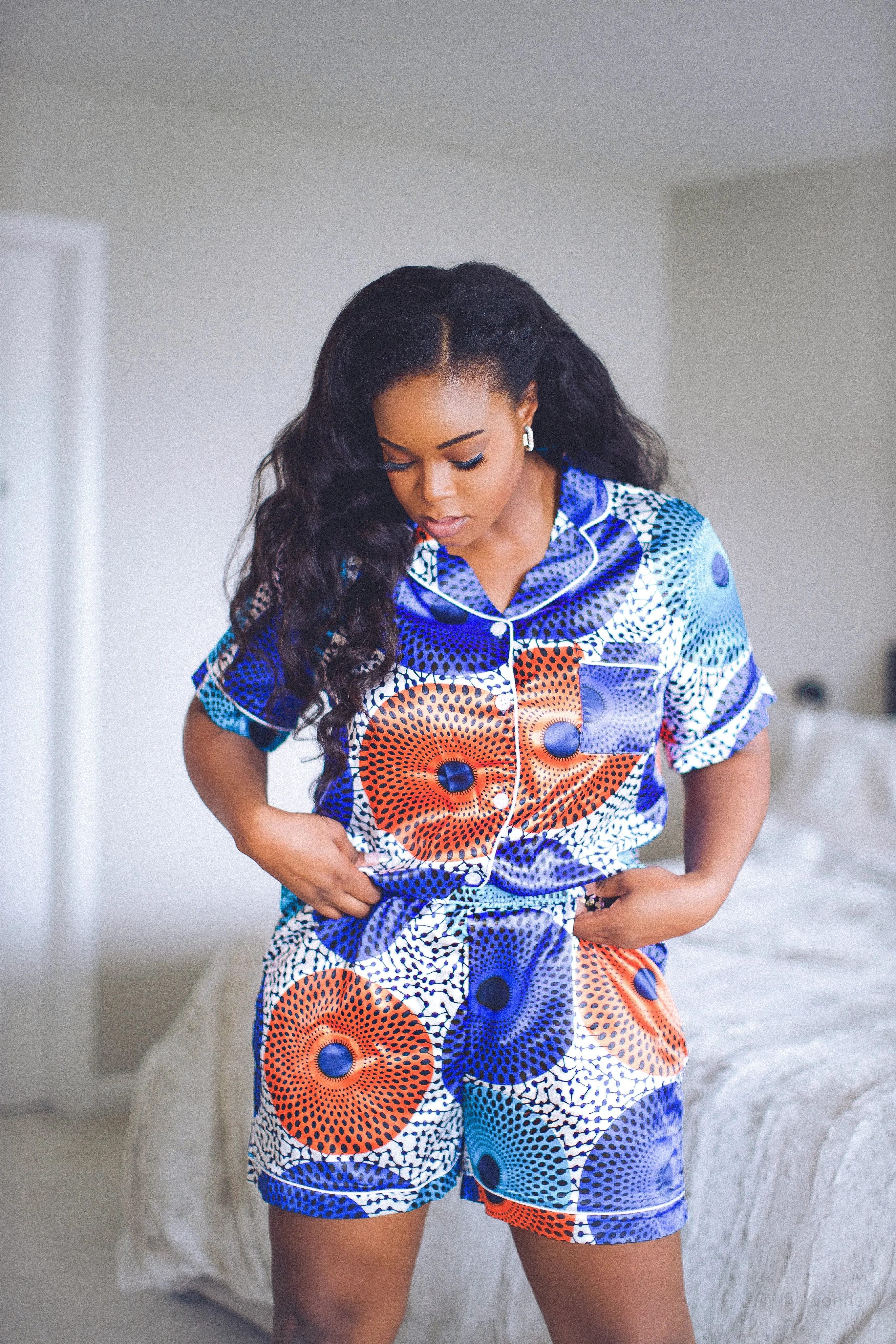 African Print Satin Pajama Shorts Set Blue