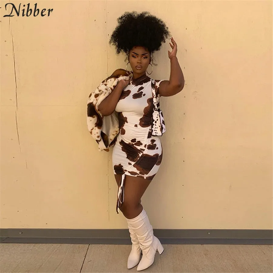 Amozae---hoco dresses Nibber Aesthetic Printed Stacked Bodycon Dress Women Chic Drawstring Club Mini Dress 2024 Stretch Activity All-Match Streetwear