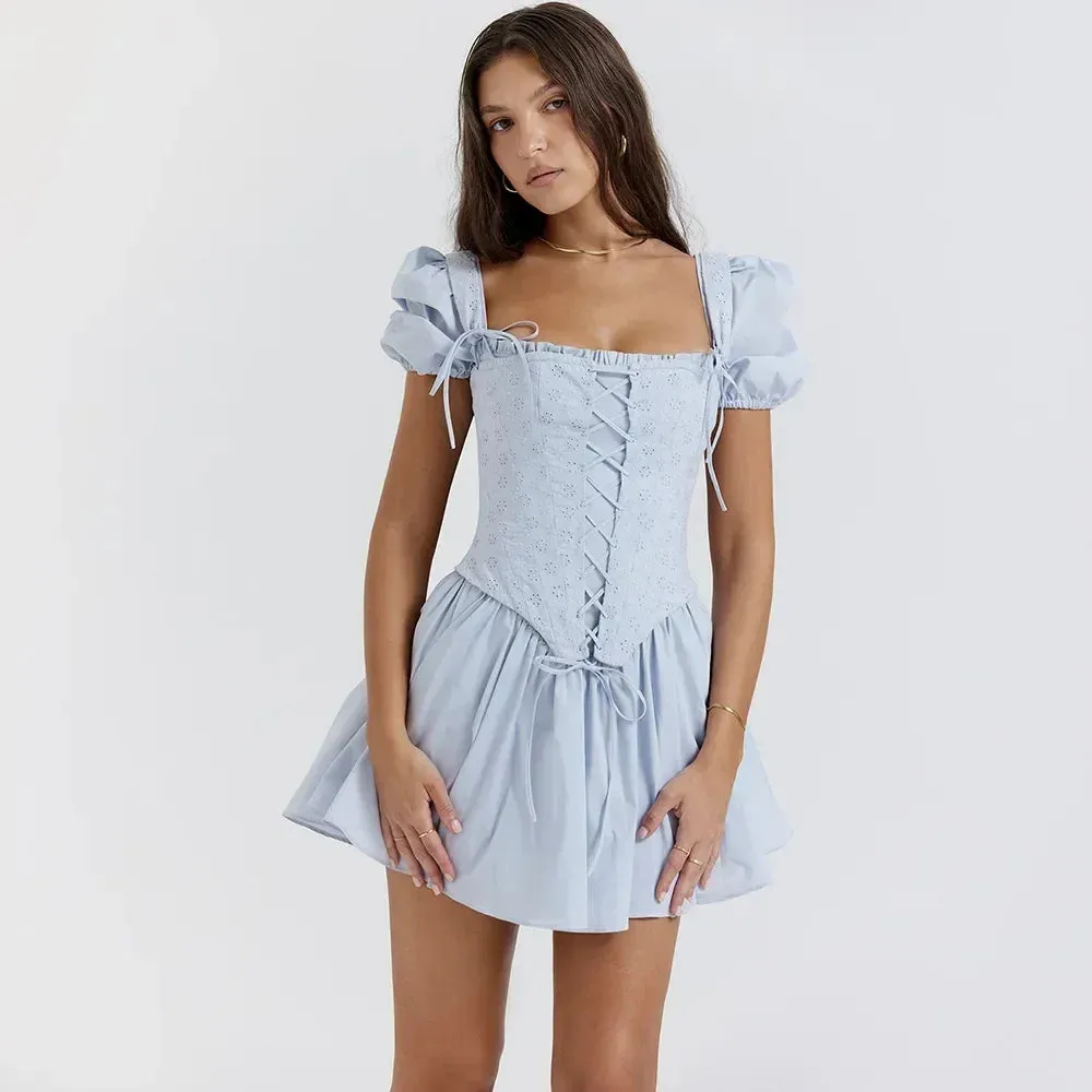 Amozae-hoco dresses Suninheart Summer Blue Puff Sleeve Corset Dress Mini Elegant A Line Lace Up Holiday Party Dress Square Neck Women Dress 2024