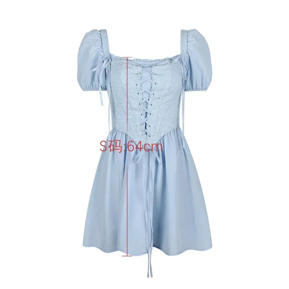 Amozae-hoco dresses Suninheart Summer Blue Puff Sleeve Corset Dress Mini Elegant A Line Lace Up Holiday Party Dress Square Neck Women Dress 2024