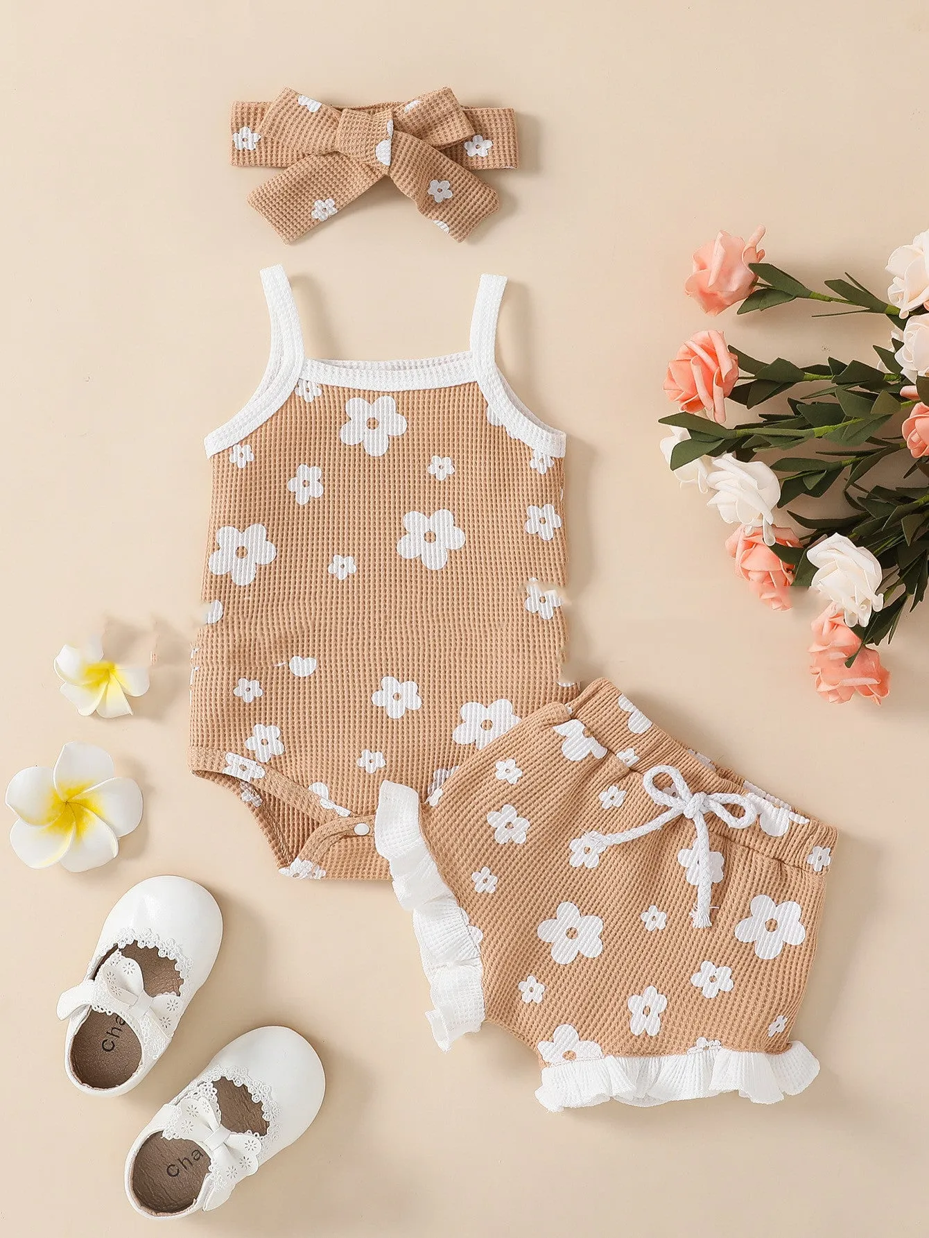 Baby Girl Waffle Print Overall Dress Set