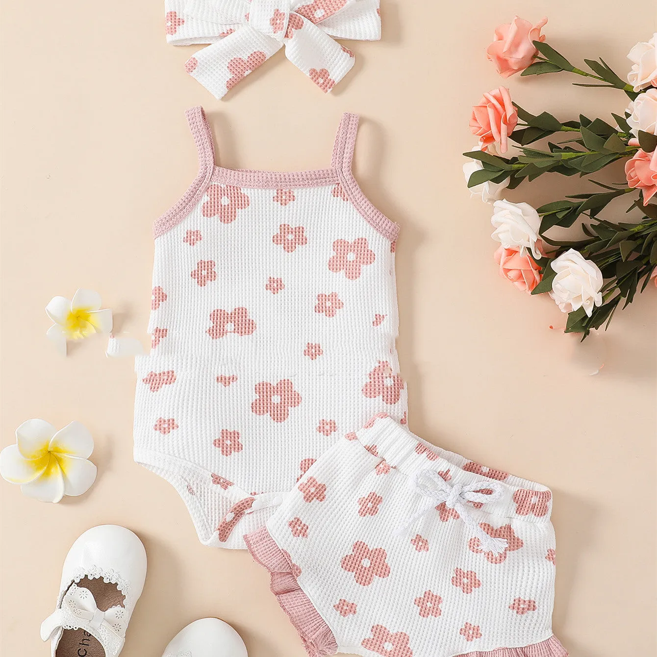 Baby Girl Waffle Print Overall Dress Set