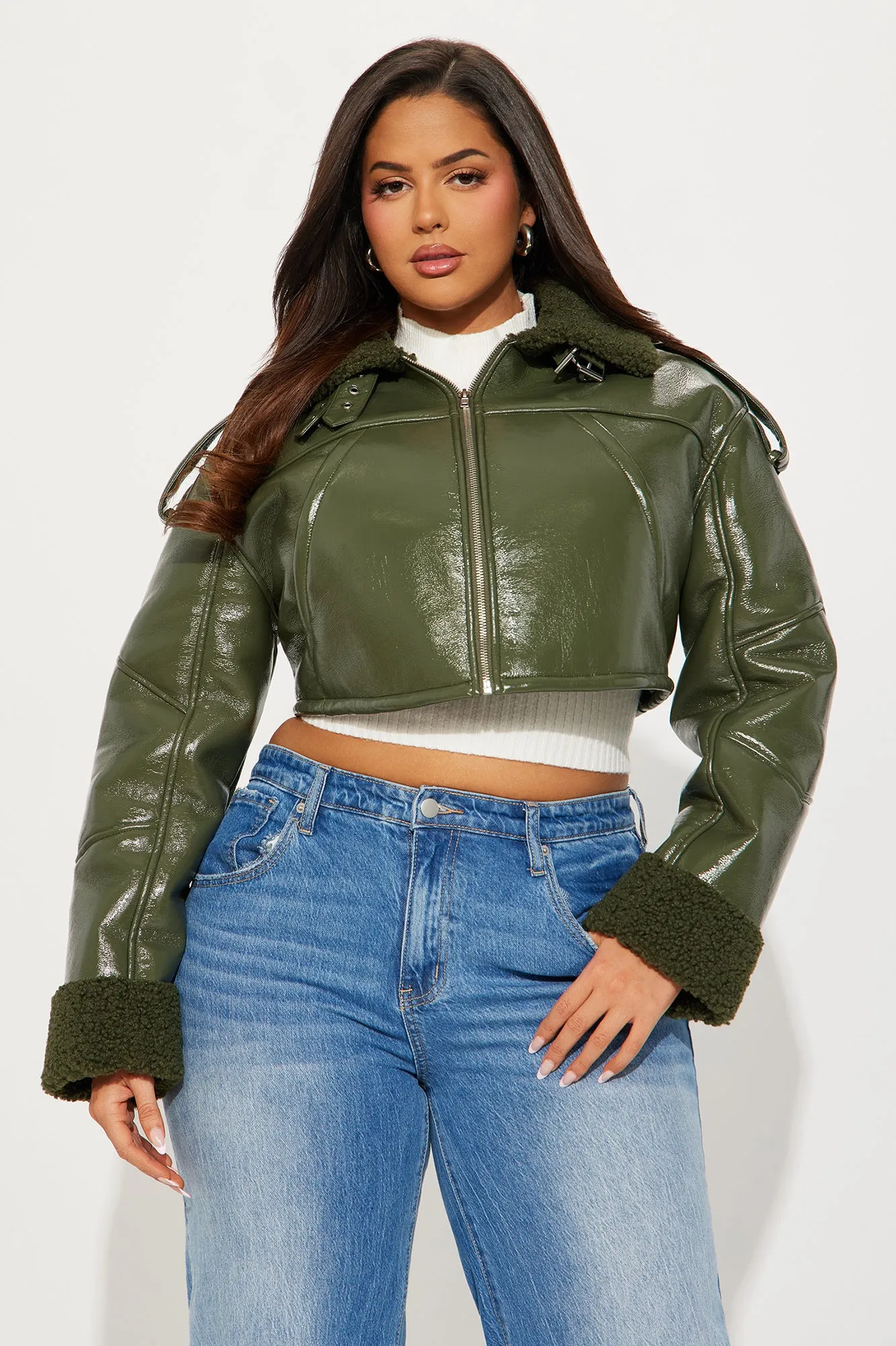 Bad Influence Faux Leather Cropped Jacket - Olive