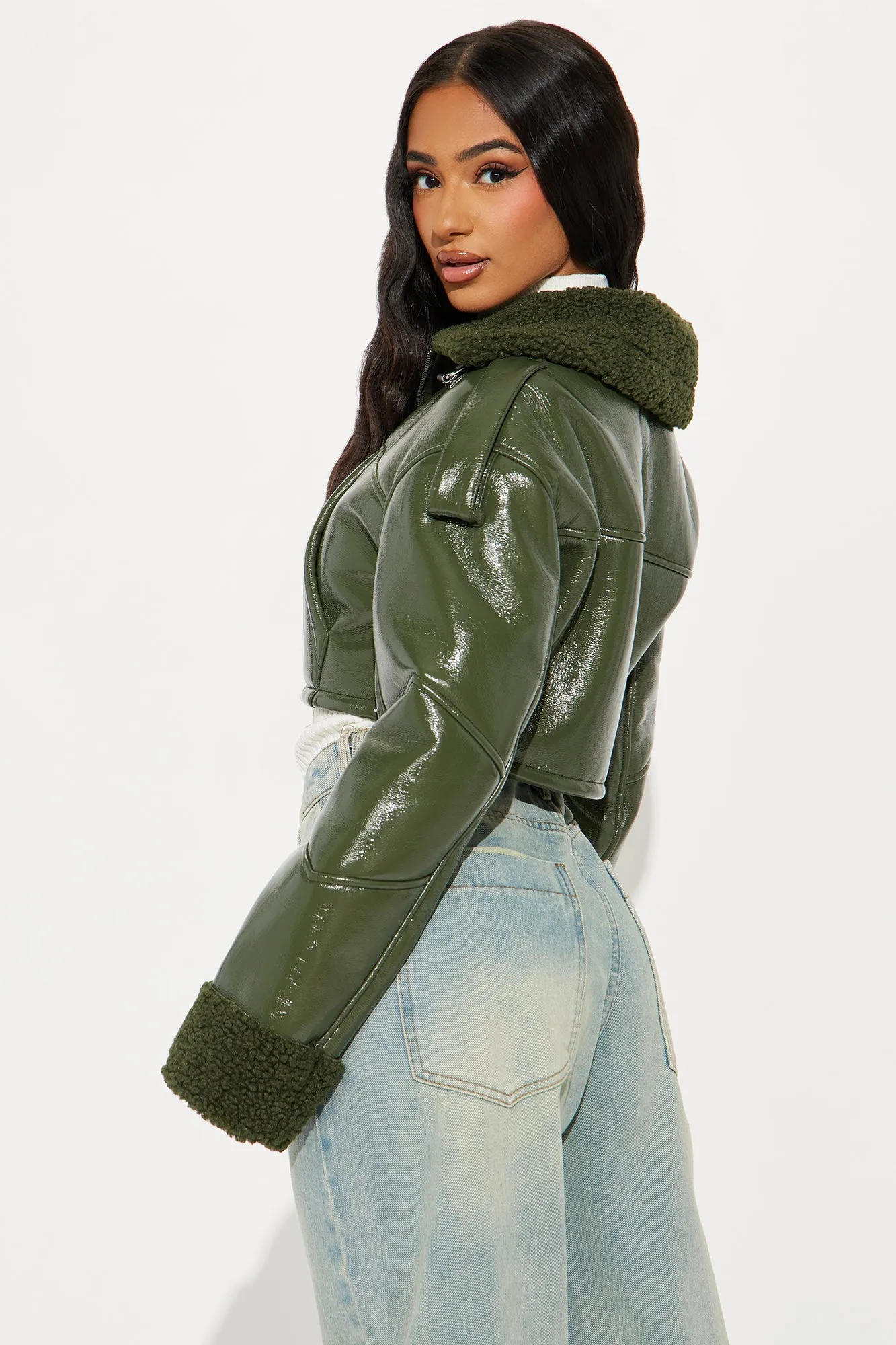 Bad Influence Faux Leather Cropped Jacket - Olive