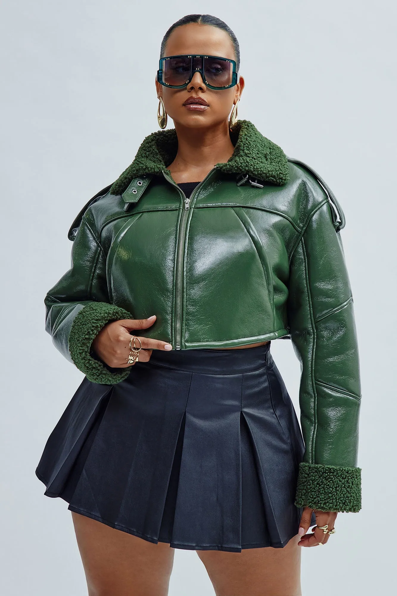 Bad Influence Faux Leather Cropped Jacket - Olive