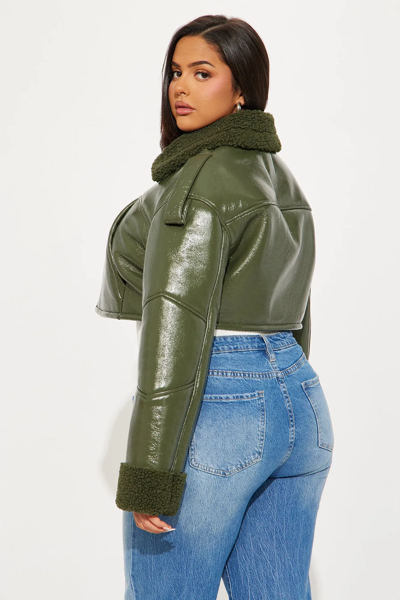 Bad Influence Faux Leather Cropped Jacket - Olive