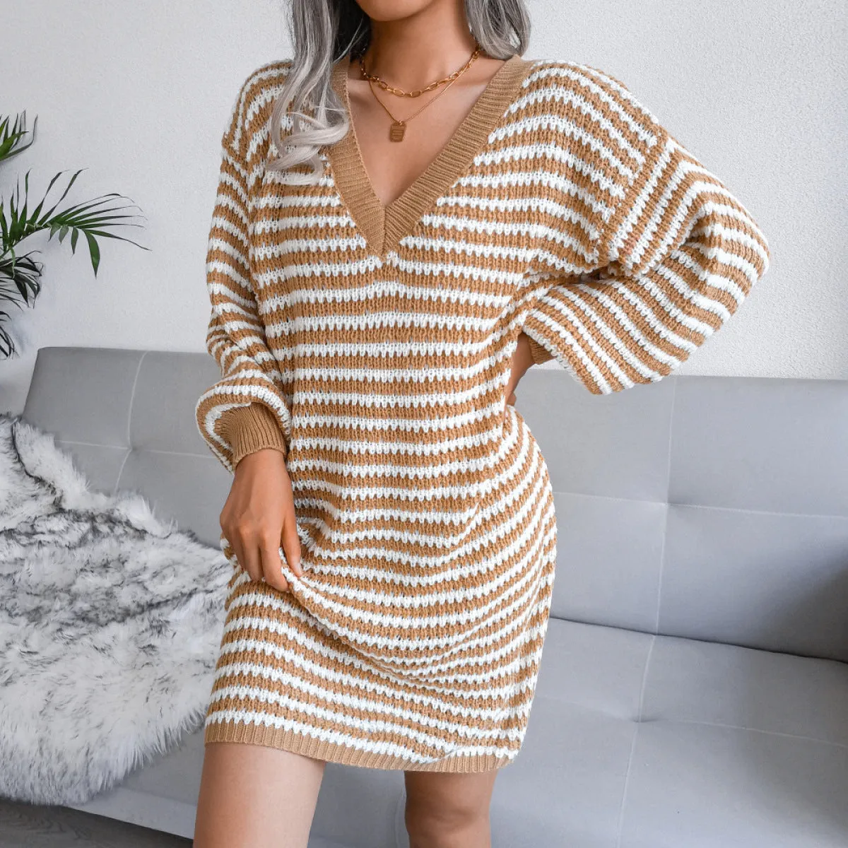 Balloon Sleeve Striped Openwork Knitted Mini Dresse