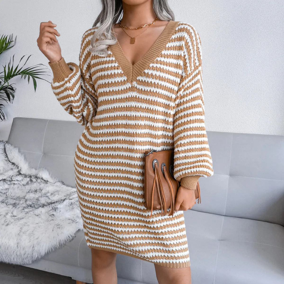 Balloon Sleeve Striped Openwork Knitted Mini Dresse