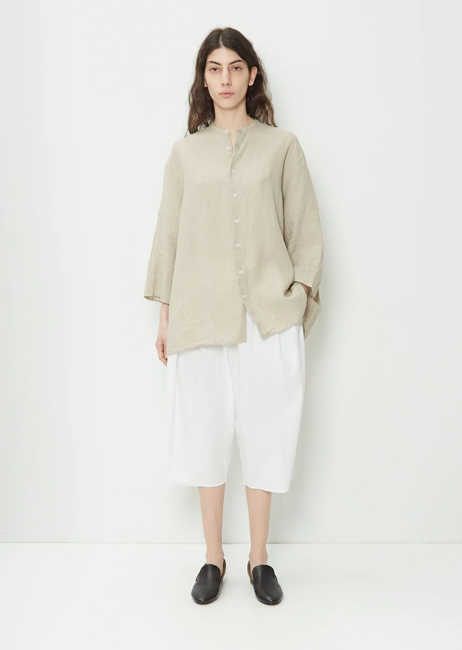 Band Collar Cotton Blouse — Natural