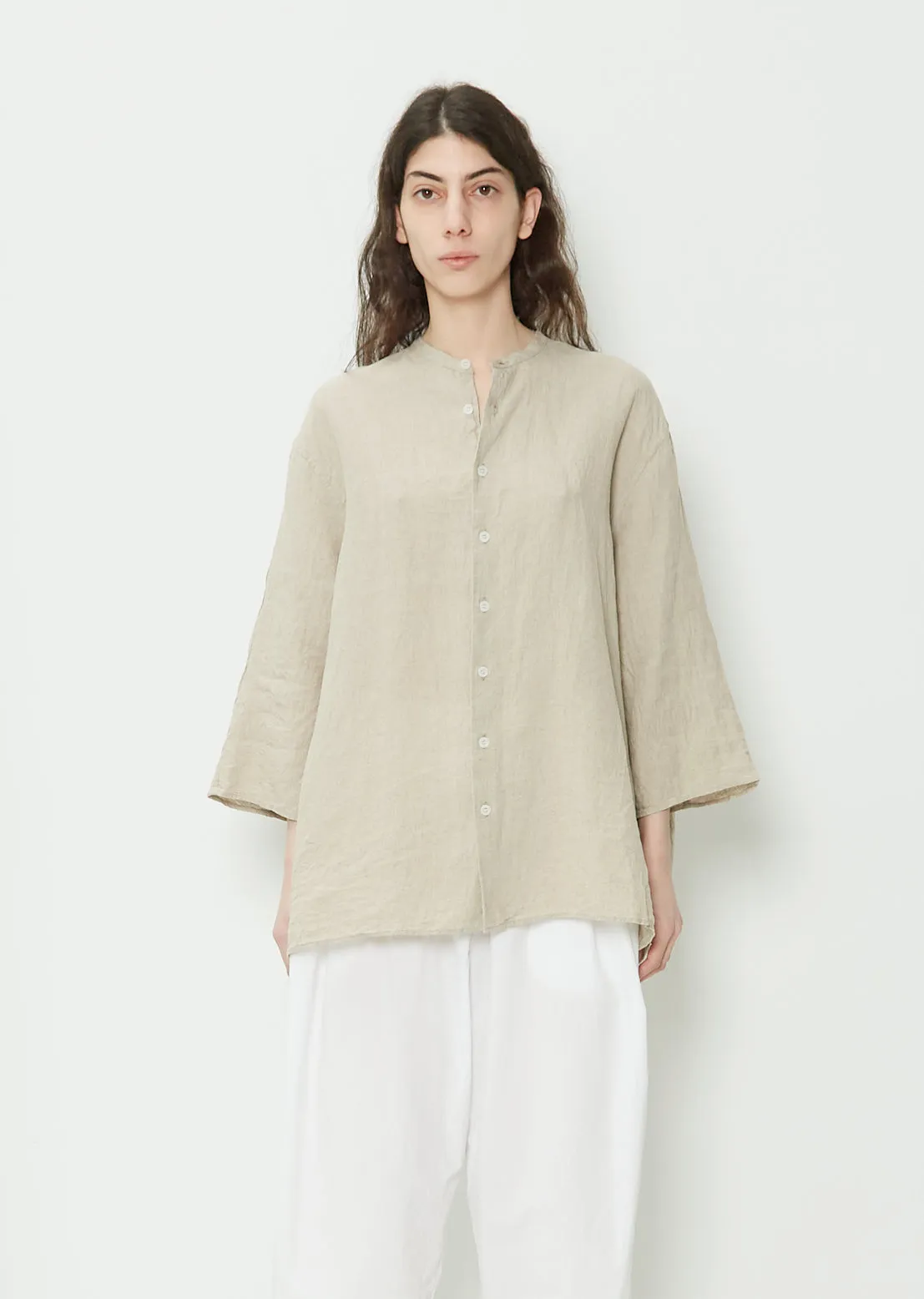 Band Collar Cotton Blouse — Natural