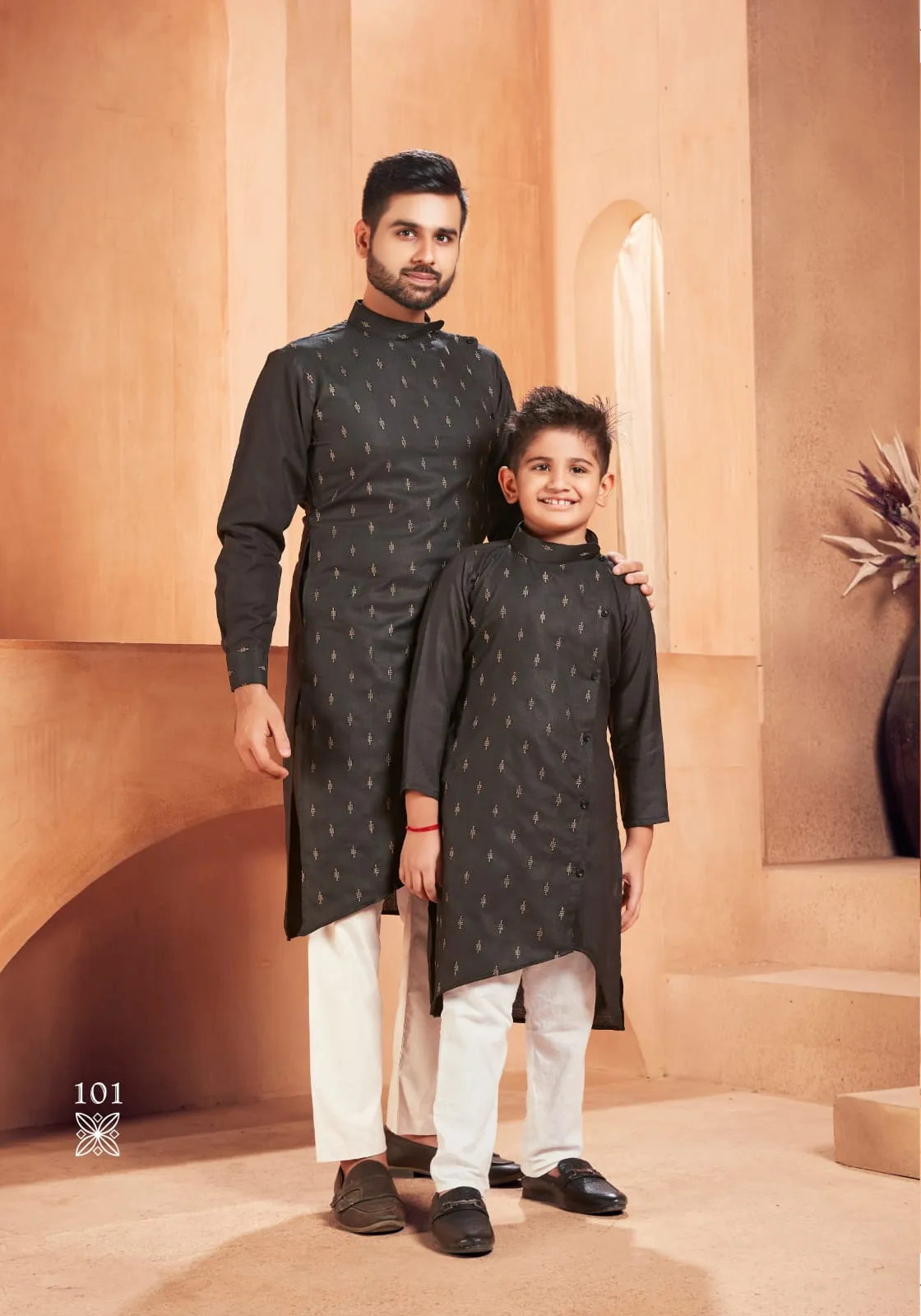 Beautiful Traditional Pure Cotton Father and Son Black Same Matching Kurta Pajama set. 