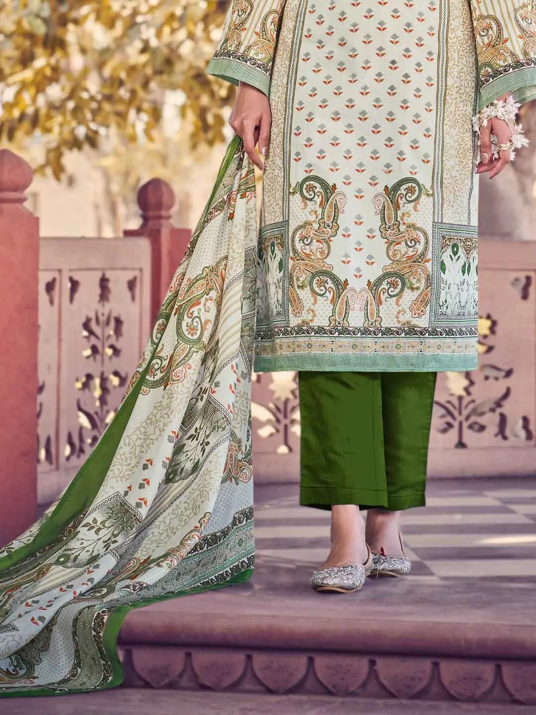 Belliza Pakistani Print Green Unstitched Cotton Suit Dress Material