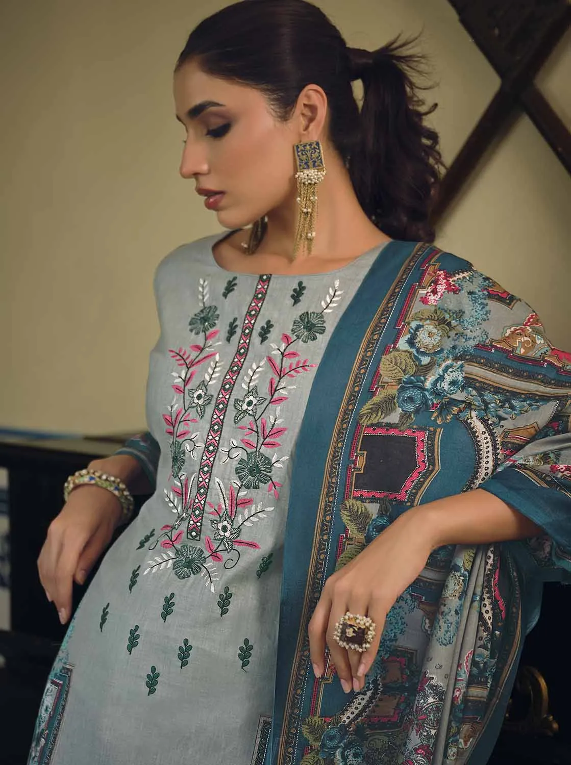 Belliza Pakistani Print Unstitched Cotton Suits with Dupatta Sky Blue