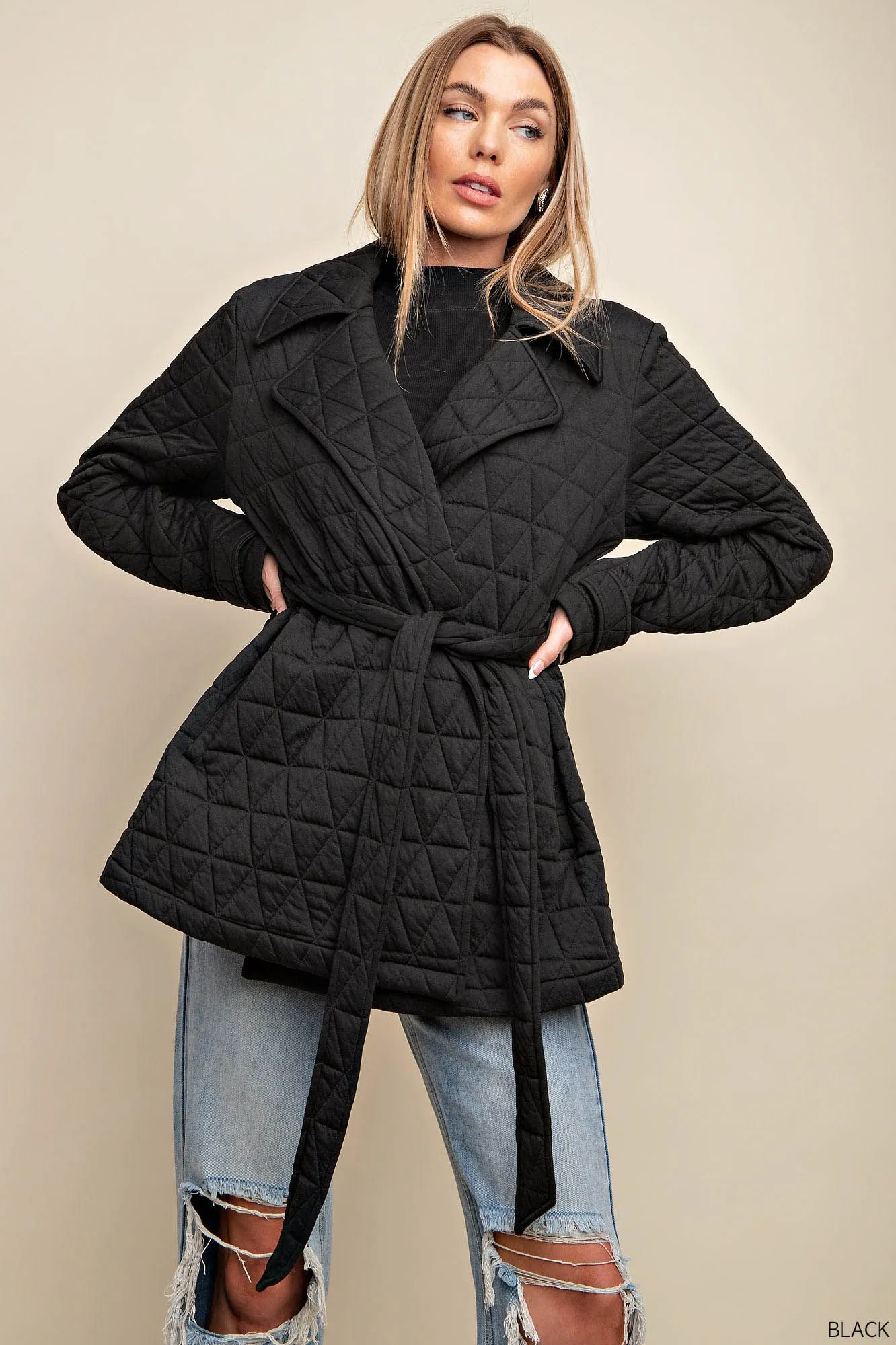 Belted quilt fabric jacket with side pockets