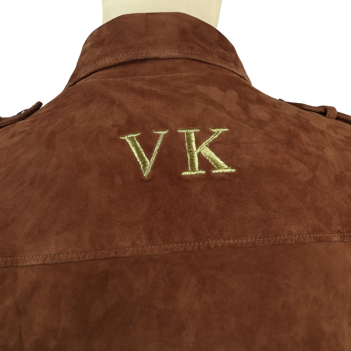 Bespoke "VK" Embroidery Initial Orangish Suede Leather Biker Jacket by Brune & Bareskin