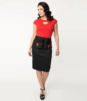 Black & Spanish Rose Pencil Skirt