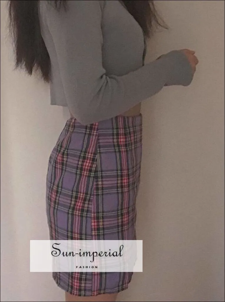 Black Double front Slit High Waist Plaid Slim Vintage Green Gingham Checkered Mini Skirt