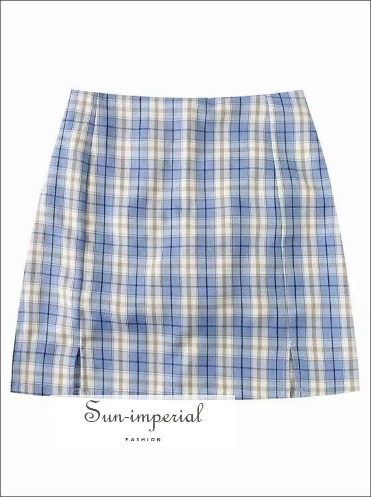 Black Double front Slit High Waist Plaid Slim Vintage Green Gingham Checkered Mini Skirt