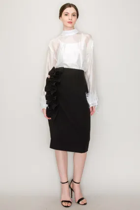 Black High Waist Asymmetric Frill Midi Skirt