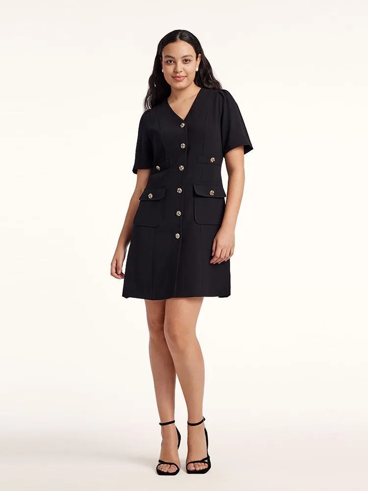 Black Triacetate Button Front Mini Dress