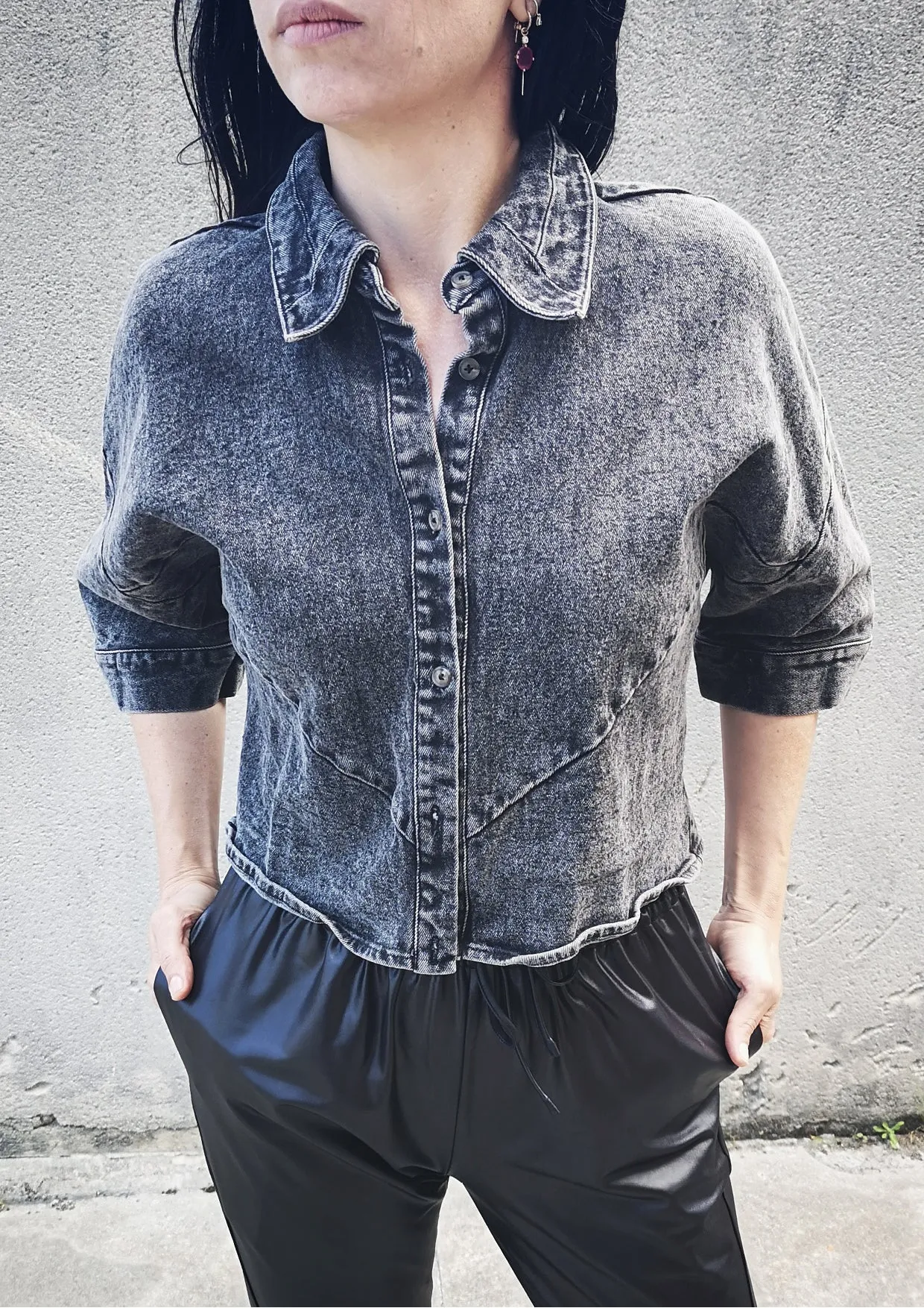 BLOUSE SHORT SLEEVES - DENIM washed black