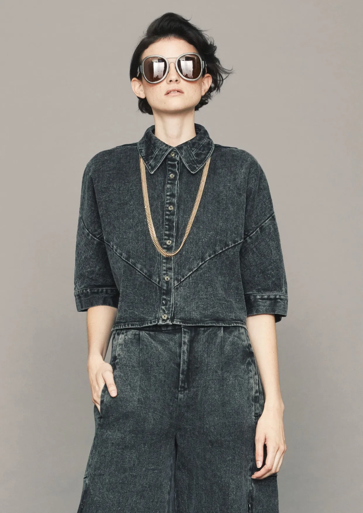 BLOUSE SHORT SLEEVES - DENIM washed black