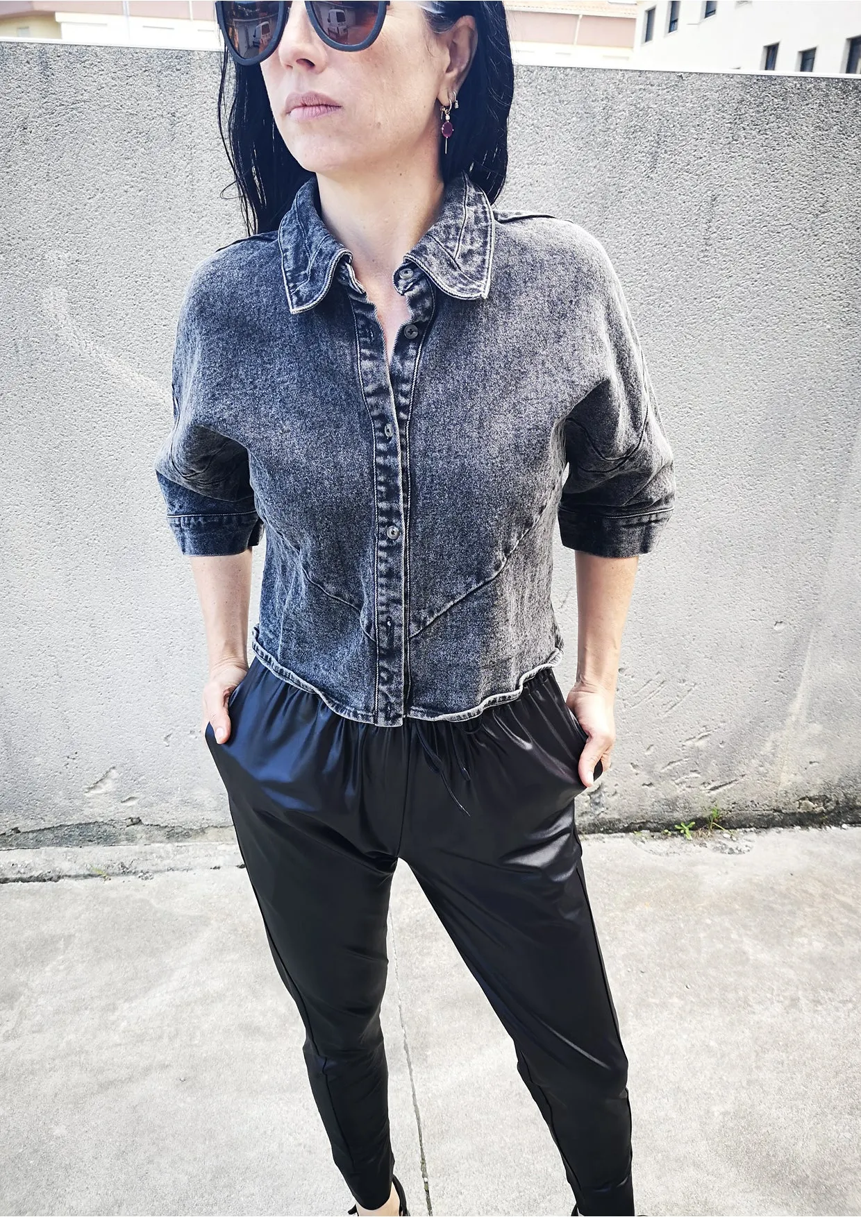 BLOUSE SHORT SLEEVES - DENIM washed black