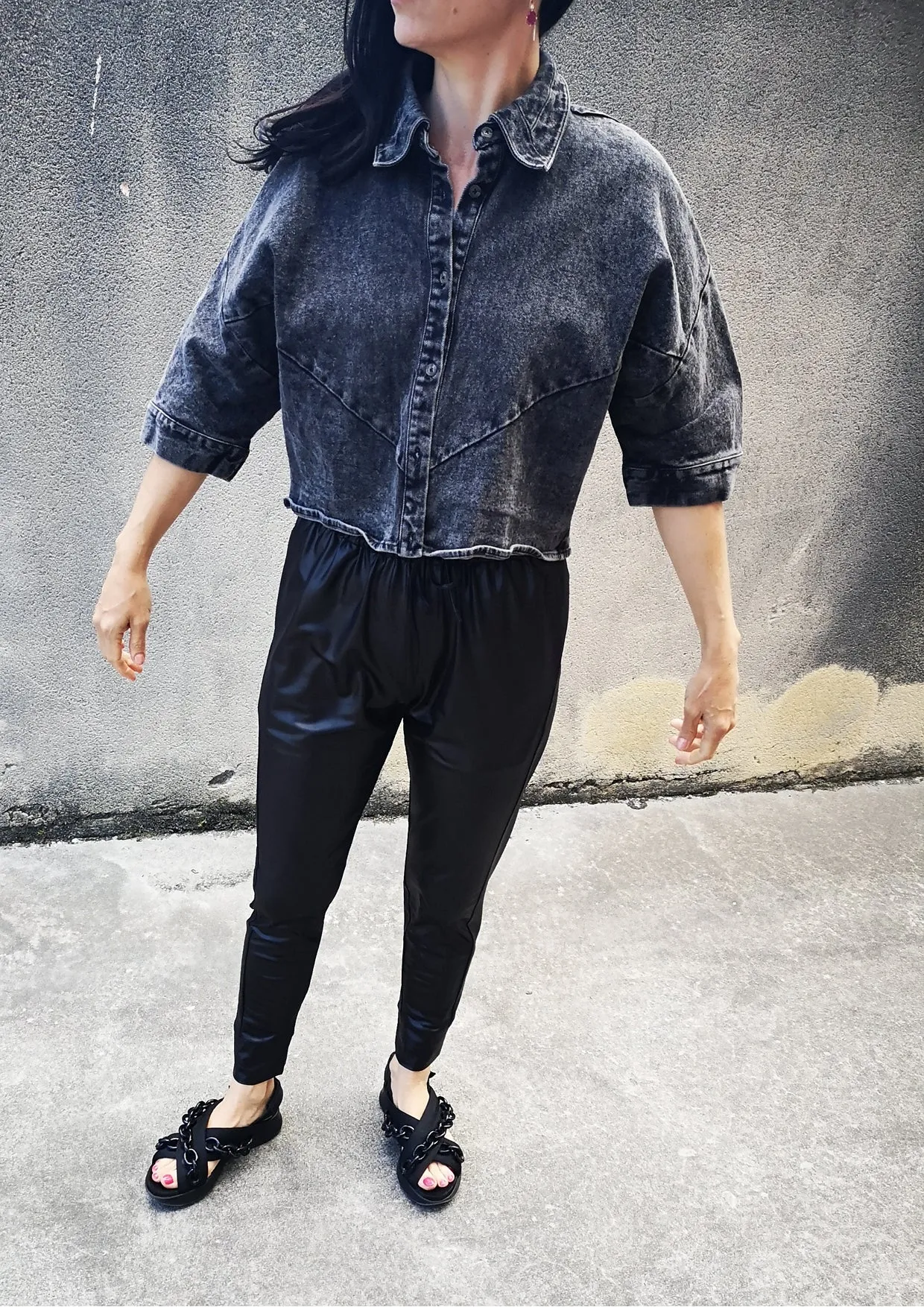 BLOUSE SHORT SLEEVES - DENIM washed black