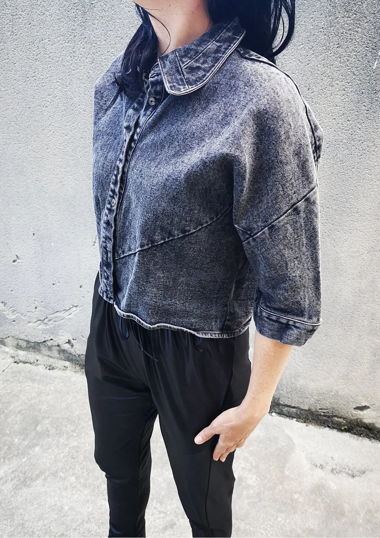 BLOUSE SHORT SLEEVES - DENIM washed black