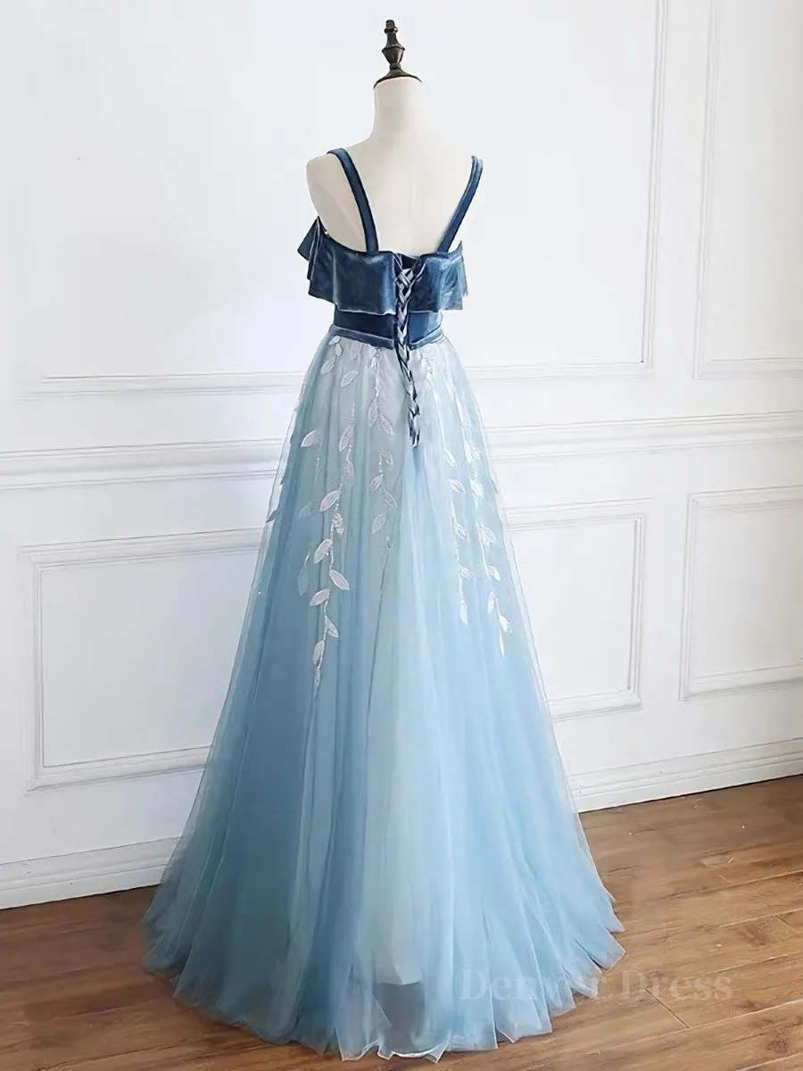 Blue tulle lace long prom dress, blue tulle formal dress