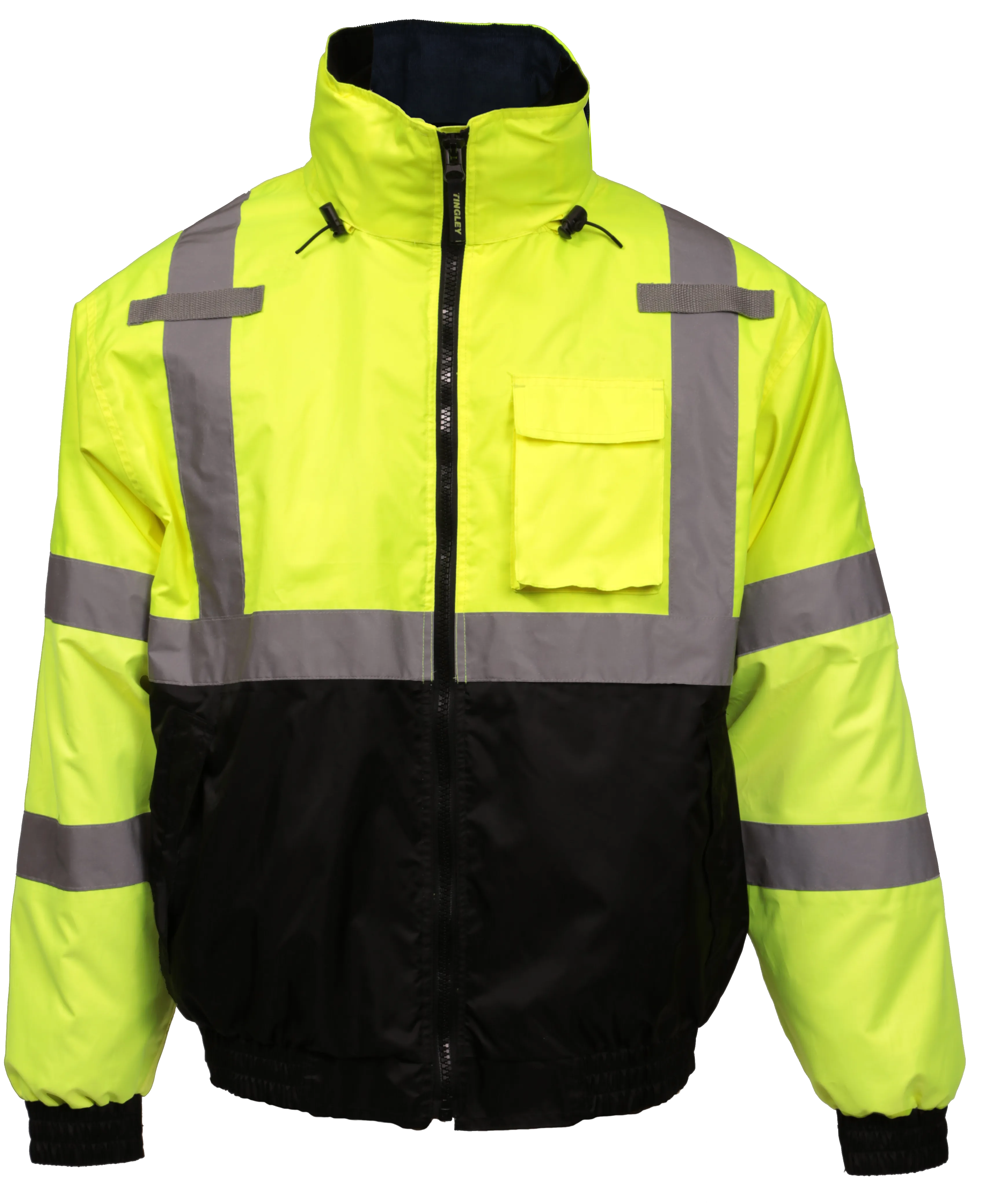 Bomber 3.1™ Jacket - Type R Class 3 - Fluorescent Yellow-Green-Black - Silver Reflective Tape - Polyester Quilted Liner - Attached Hood