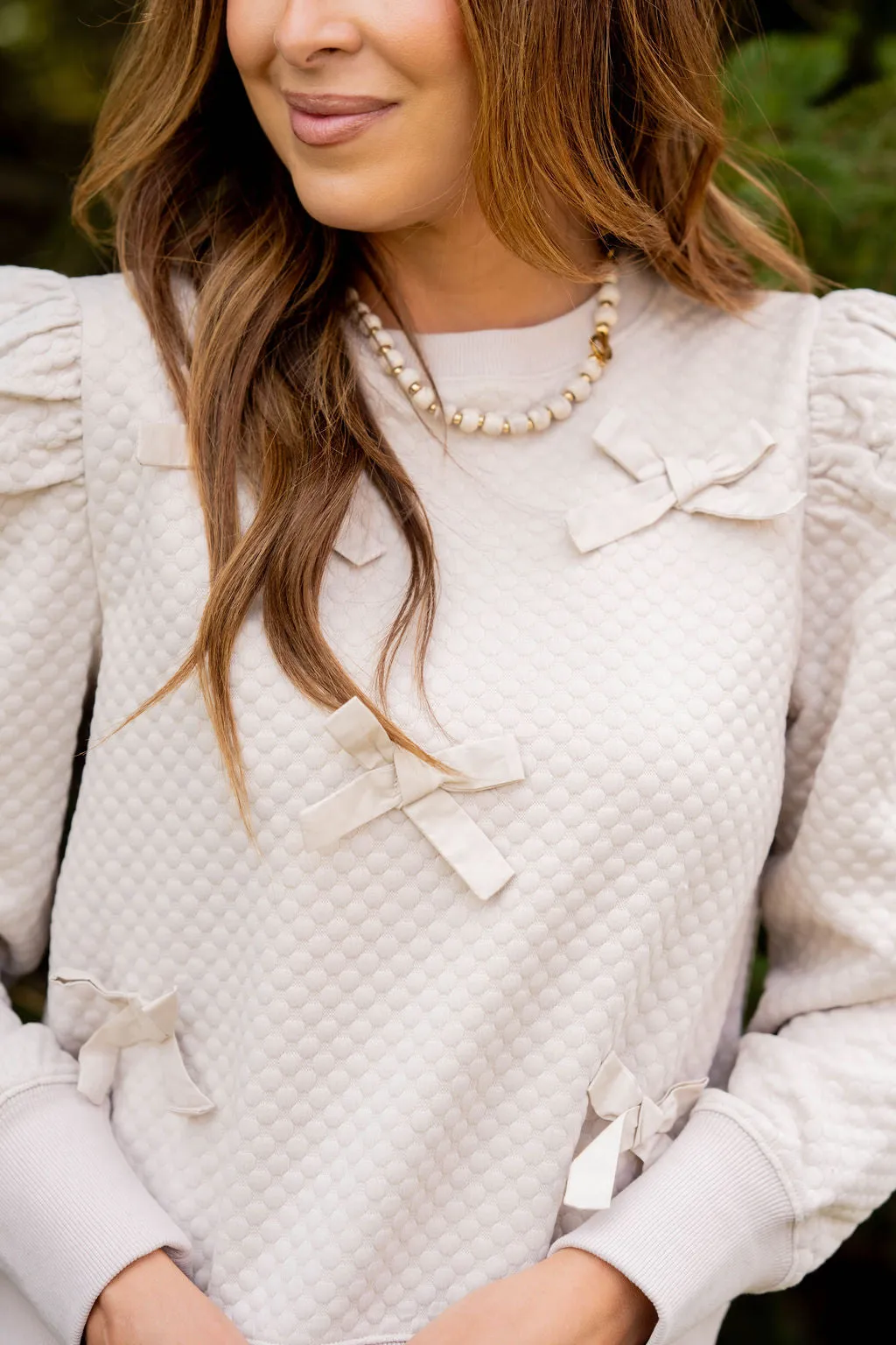 Bow Accented Bold Textured Sweatshirt