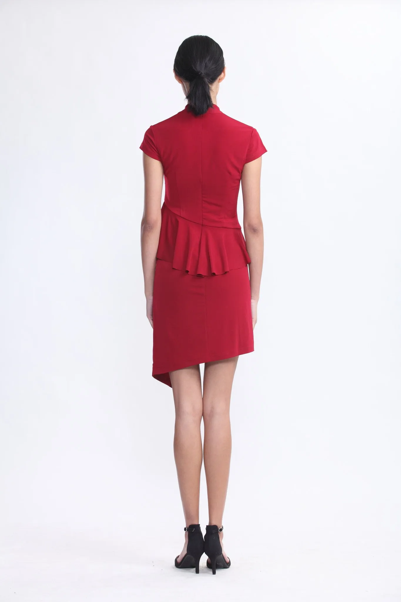 Burgundy Jersey Dress with Ruffles At Waist