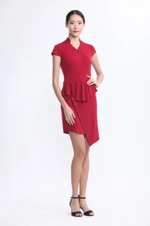 Burgundy Jersey Dress with Ruffles At Waist