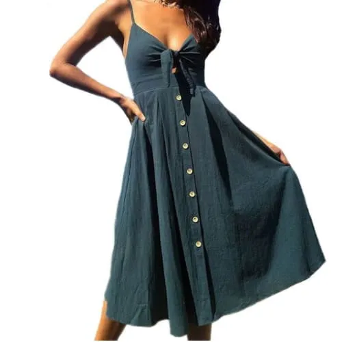 Buttoned Tie Front Knot Boho Cami Dress