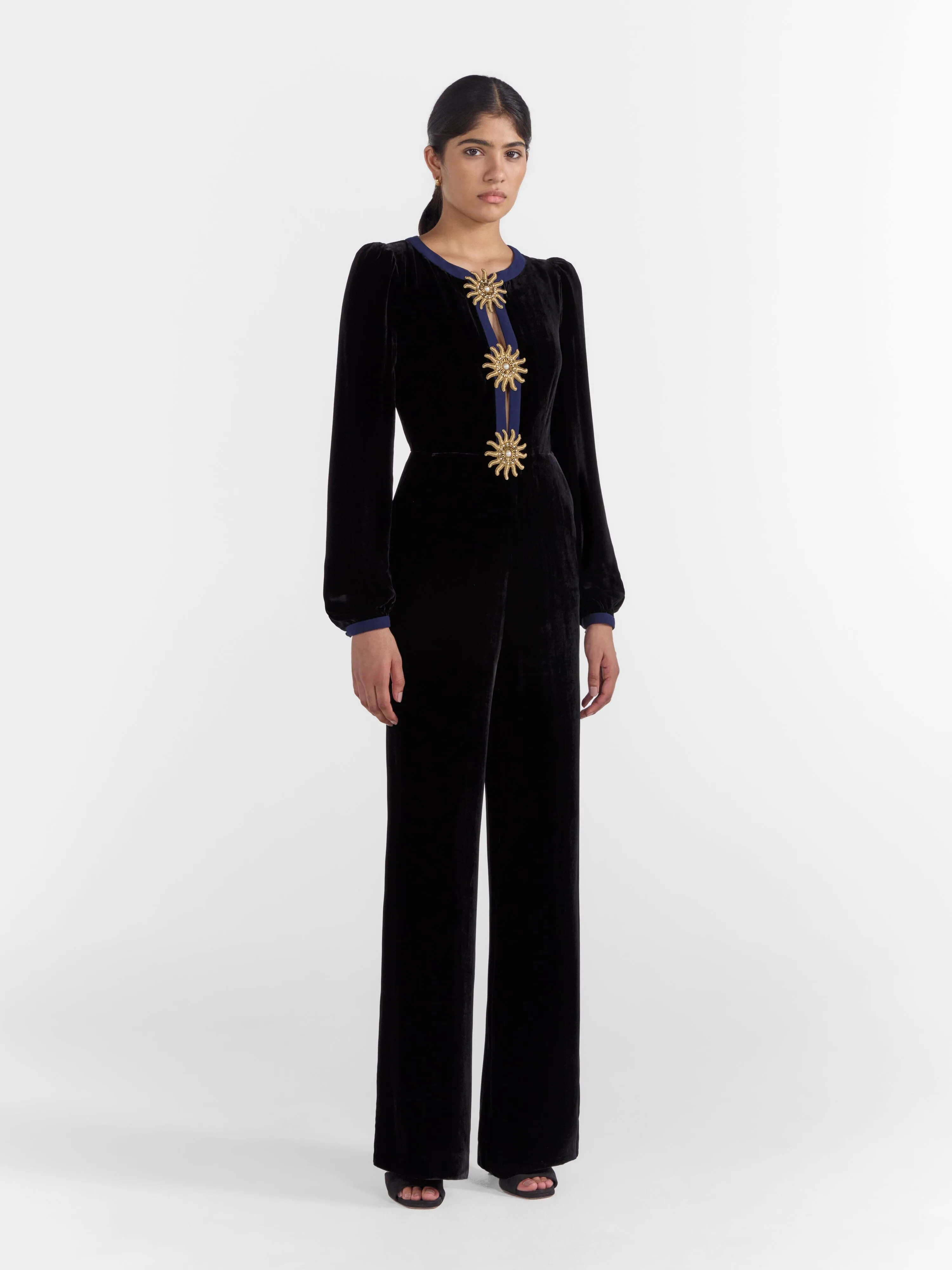 Camille Bows Jumpsuit in Black Gold Embroidery